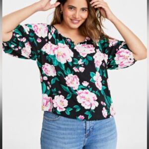 On 34th Women's Elbow-Length Ballon- Sleeve Top Floral Black Top medium